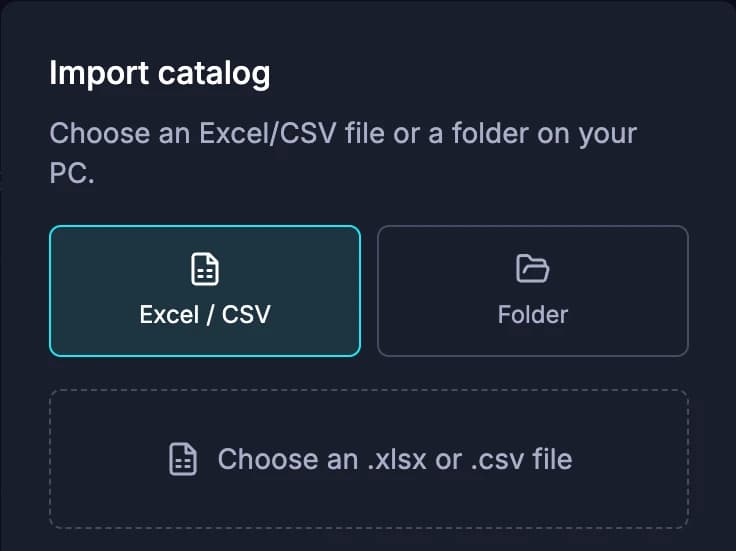 Catalog import from Excel, CSV, or folder