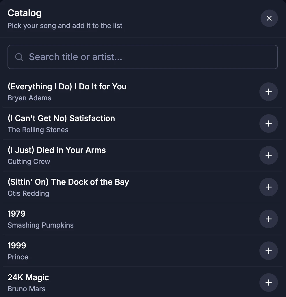 Guest catalog with title or artist search and buttons to add songs