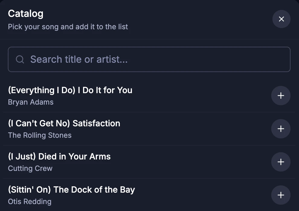 Karaoke catalog browsable on a guest’s phone