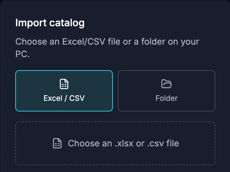 Catalog import from Excel, CSV, or folder