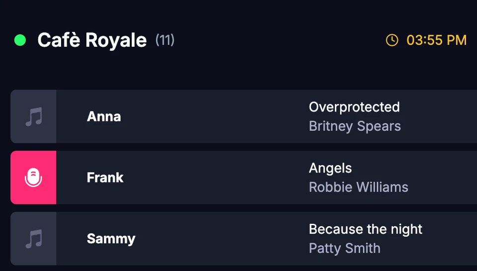 Request queue on the DJ dashboard, with the current singer highlighted