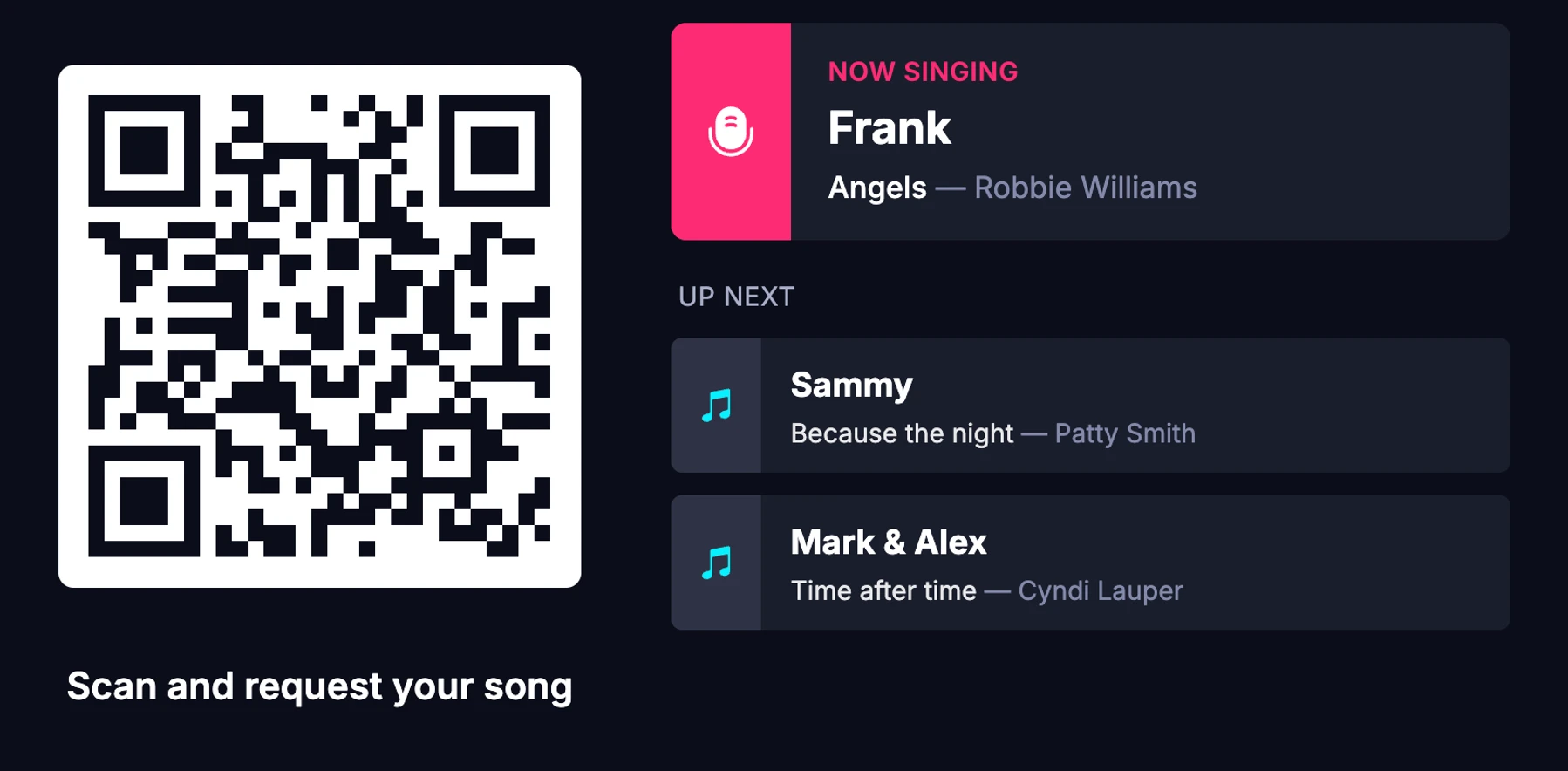 Venue screen with QR code, current singer, and upcoming turns